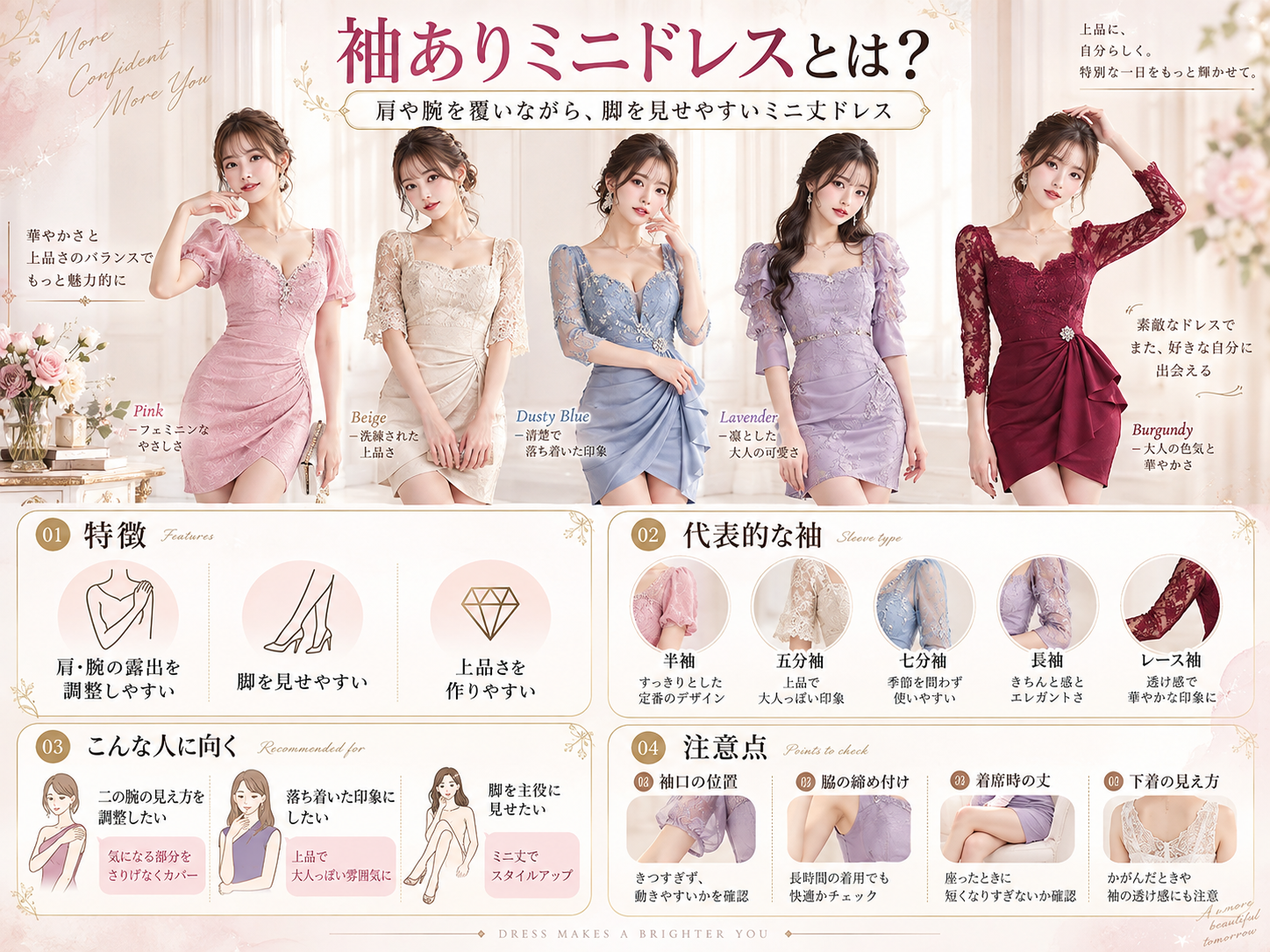 新人キャストが袖ありミニドレスを選ぶ時の腕の動かしやすさ・袖口・脇・着席時の丈・下着を確認する画像