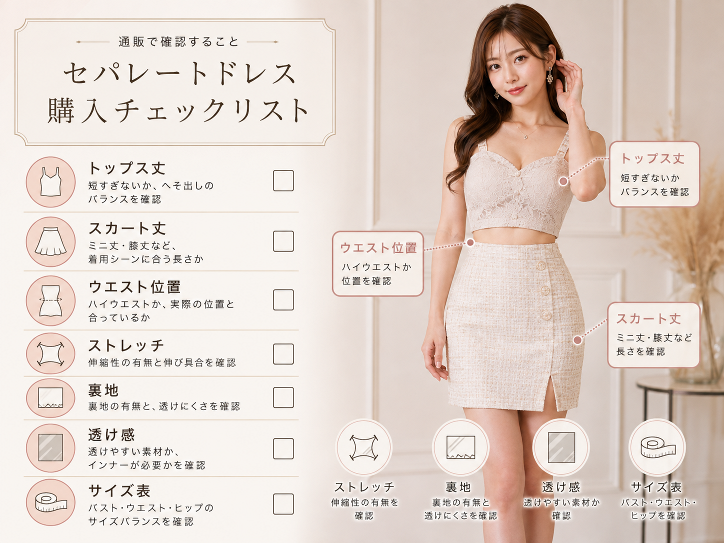 キャバクラのセパレートドレスの特徴とワンピース型との違いを解説した画像