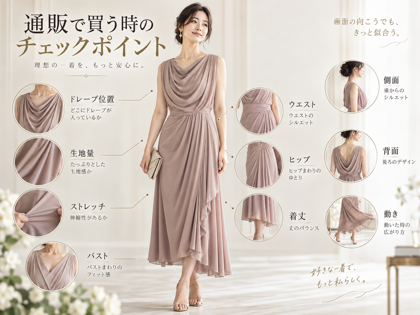 ドレープドレスの基本構造と胸元やウエストに生まれる生地の流れを解説した図解