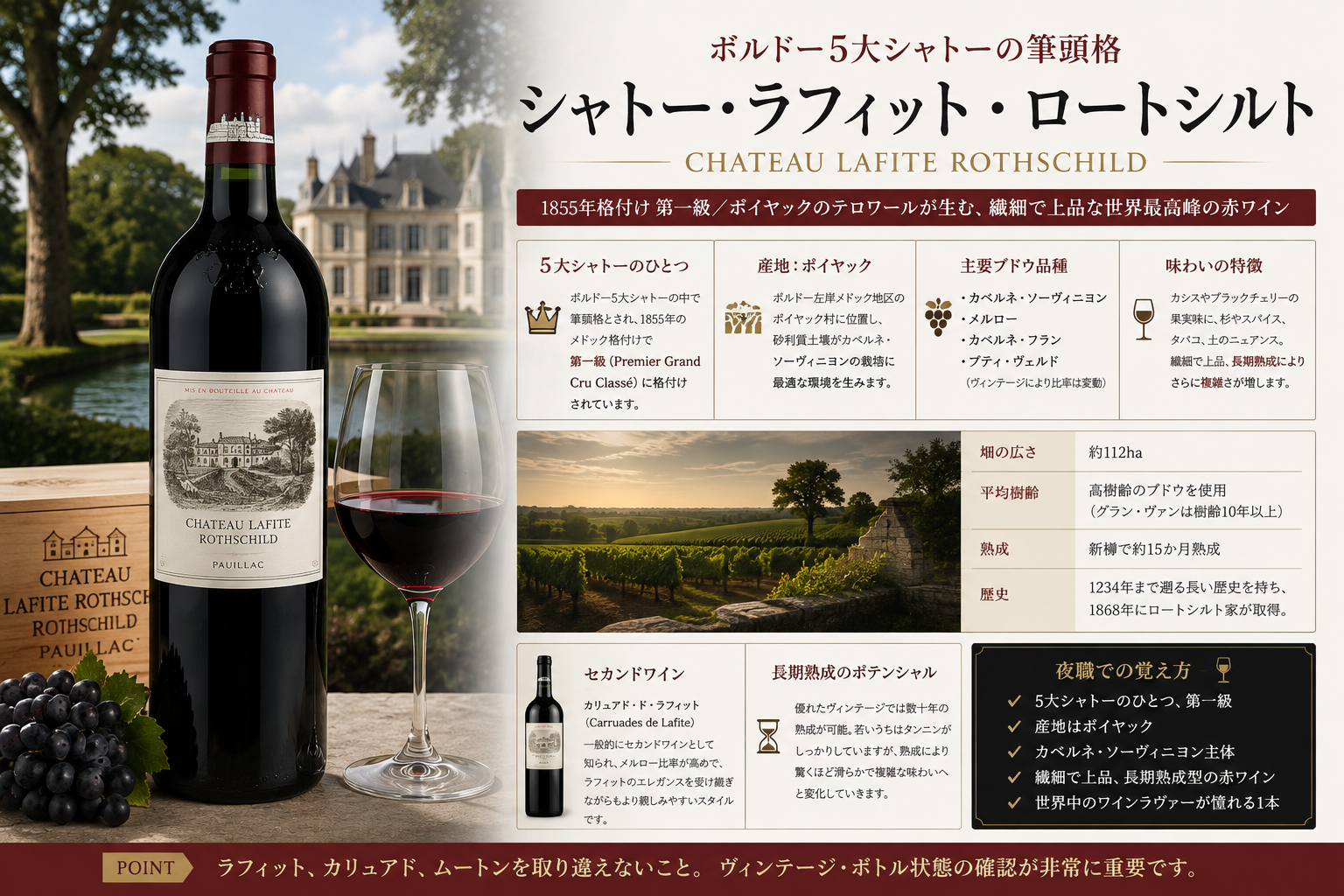 シャトー・ラフィット・ロートシルトのボトルと赤ワイングラス、ポイヤックのシャトーとブドウ畑