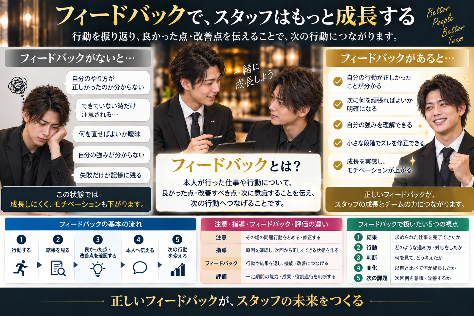 キャバクラの黒服・スタッフ育成におけるフィードバックの意味、良かった点と改善点の伝え方、次の行動につなげる考え方を解説した図解