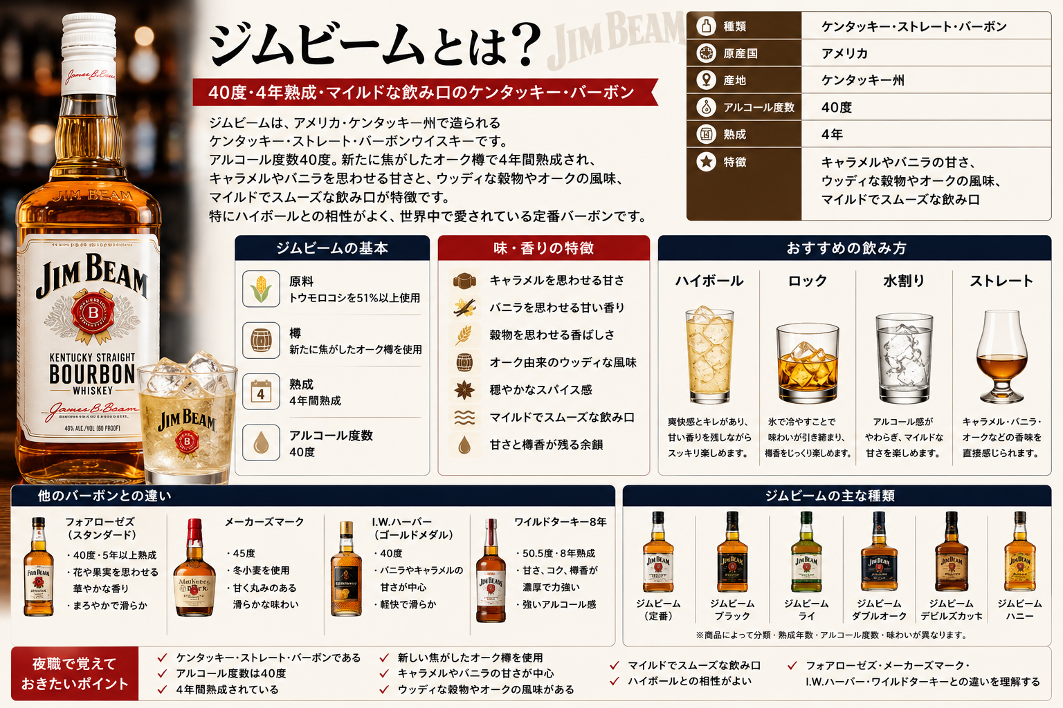 ジムビームの40度・4年熟成・バーボンの特徴・味と香り・おすすめの飲み方をまとめた図解