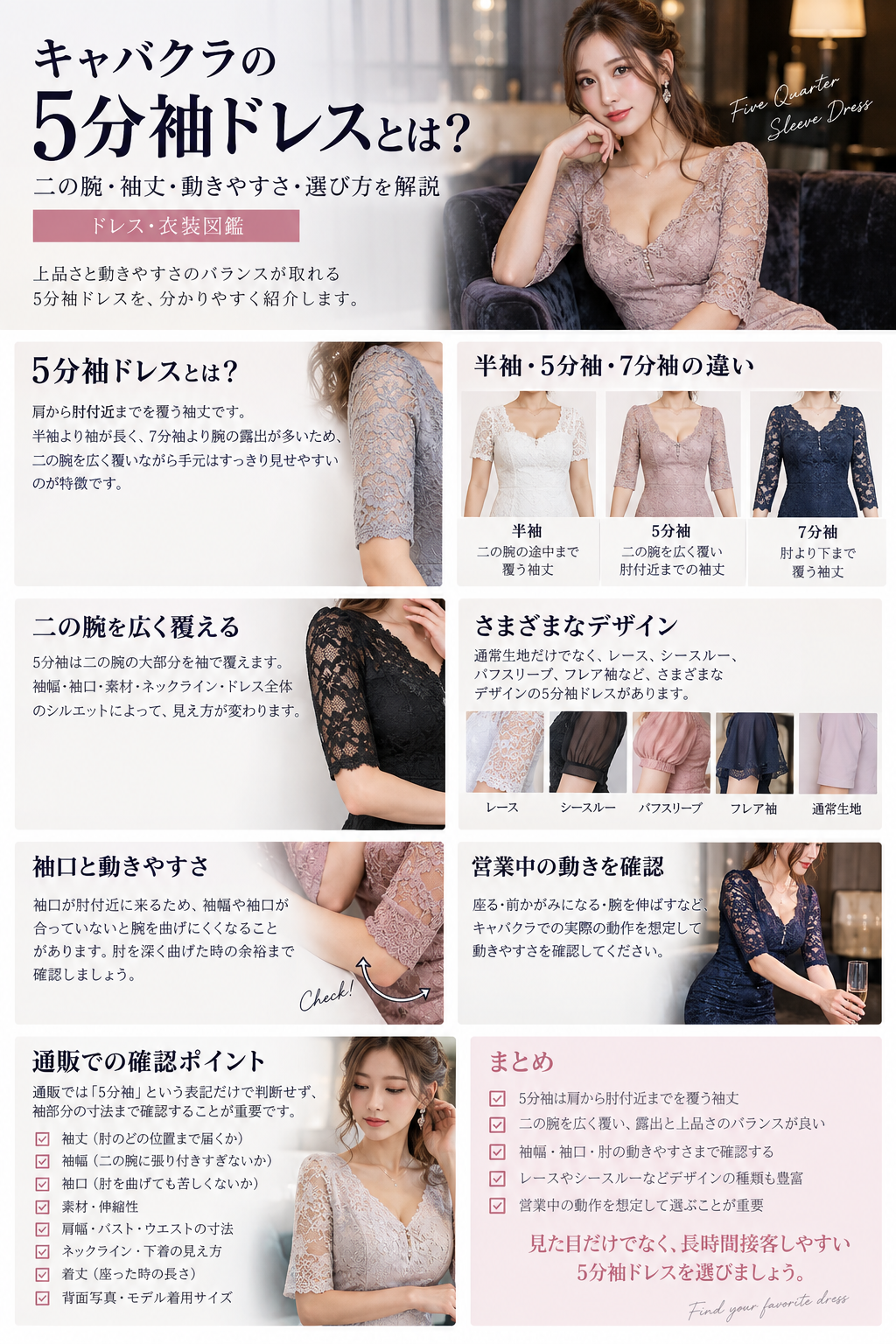 レース・シースルー・パフスリーブ・フレア袖など5分袖ドレスのデザインバリエーション比較