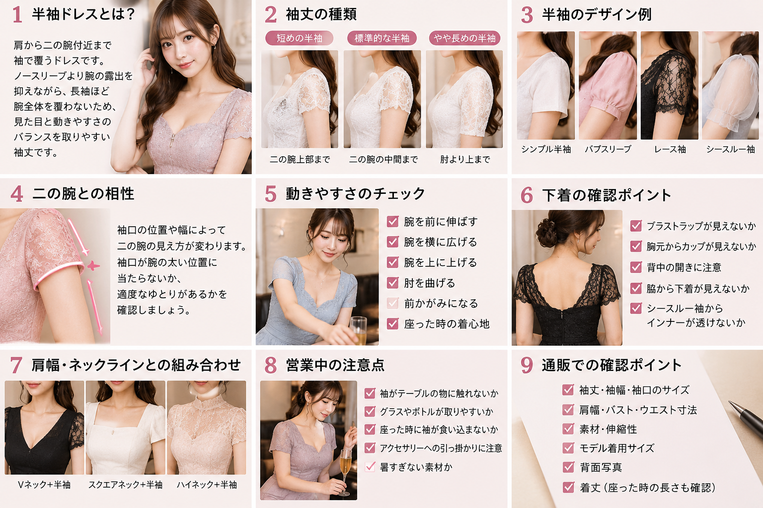 半袖ドレスの袖口が二の腕へ食い込む場合と適度な余裕がある場合を比較した図解