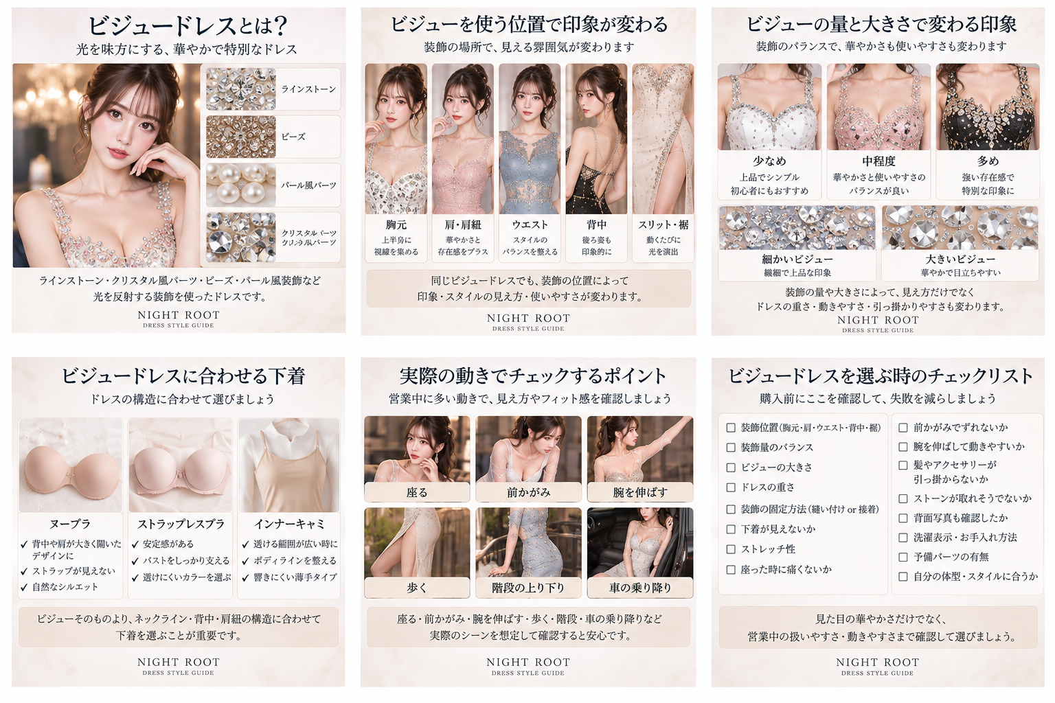 ビジュードレスの装飾量と重さ・着心地の関係を解説した図解