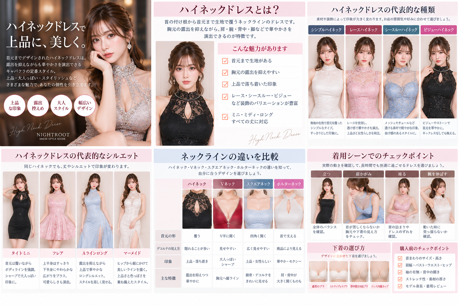 首の長さ・肩幅・バストなど体型別にハイネックドレスを選ぶポイントをまとめた画像