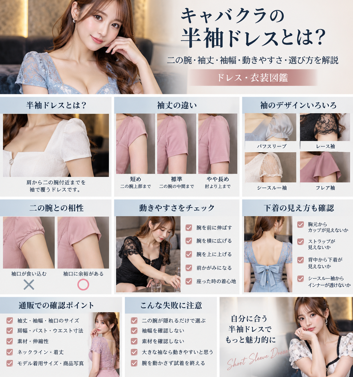 ノースリーブ・半袖・長袖の袖丈と腕の見え方の違いを比較した図解