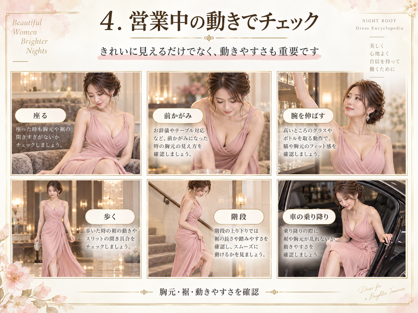 カシュクールドレスで座る・前かがみ・腕を伸ばす・歩く・階段・車の乗り降りを確認する図解
