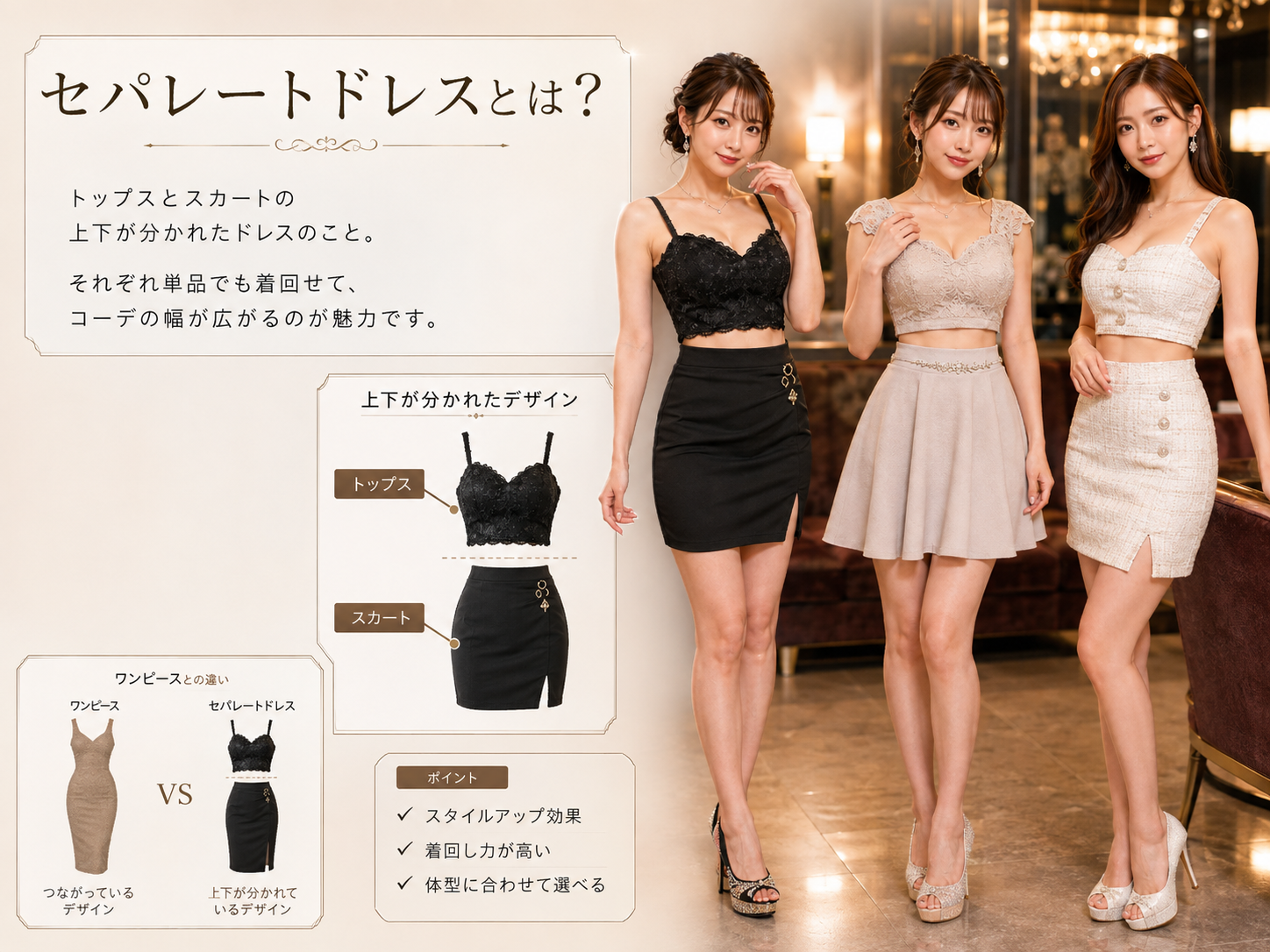 セパレートドレス通販で確認したいトップス丈・スカート丈・ウエスト位置・サイズ・透け感のチェックリスト画像