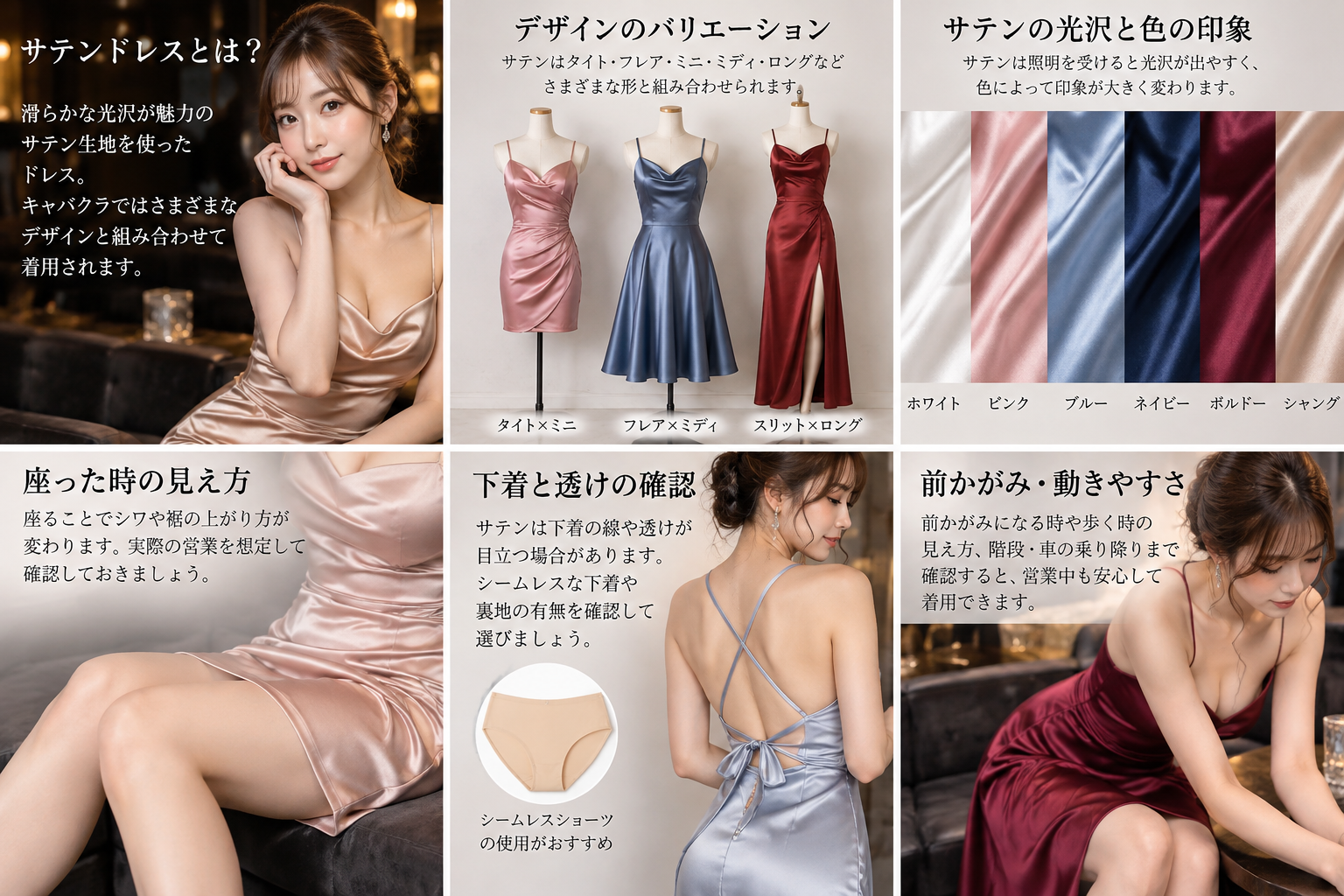 サテンドレスの下着の線・透け・胸元のフィット感・座りジワを確認するポイントを解説した図解