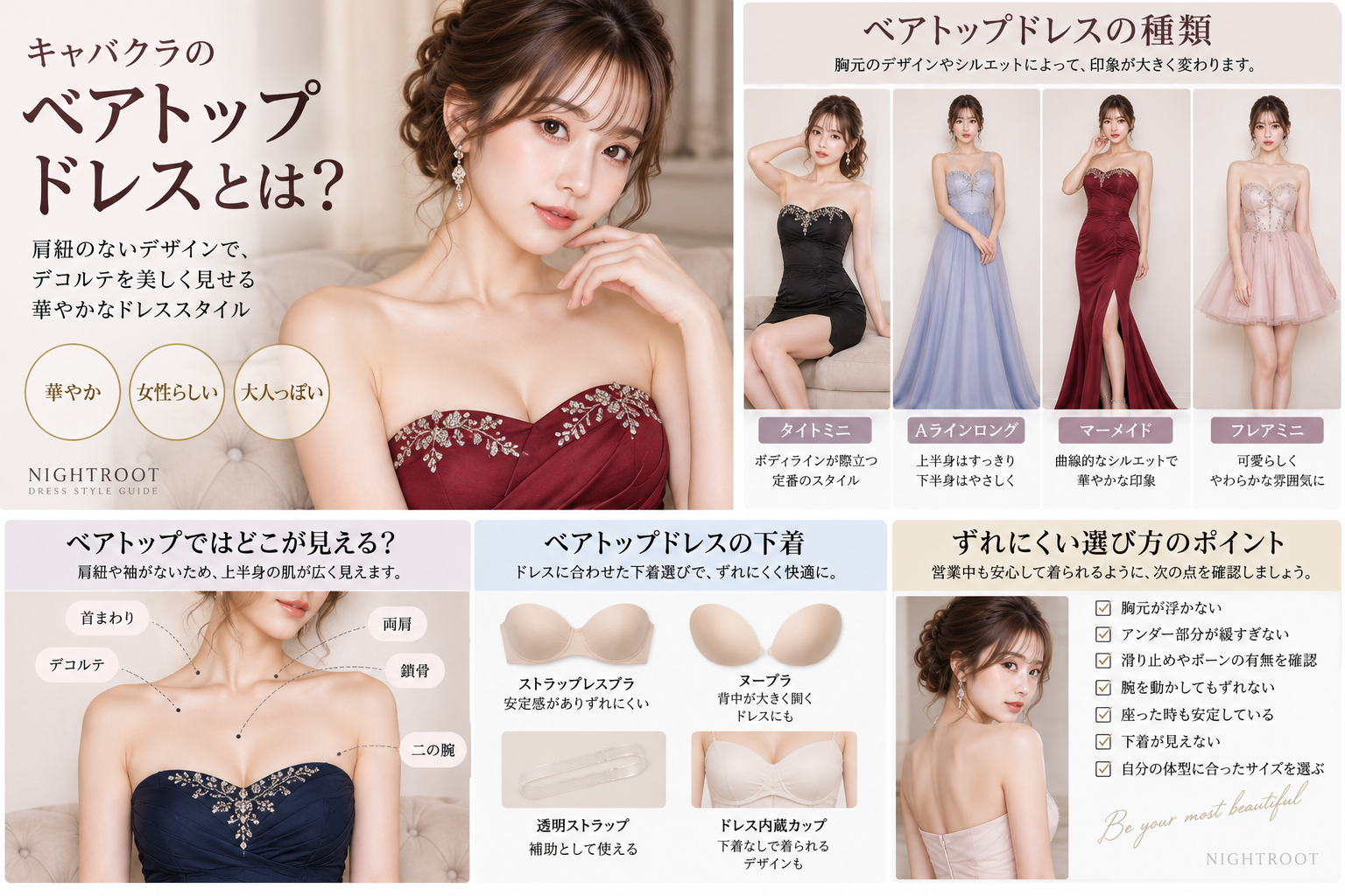 キャバクラのベアトップドレスの特徴・種類・見える部分・下着・ずれにくい選び方をまとめた画像