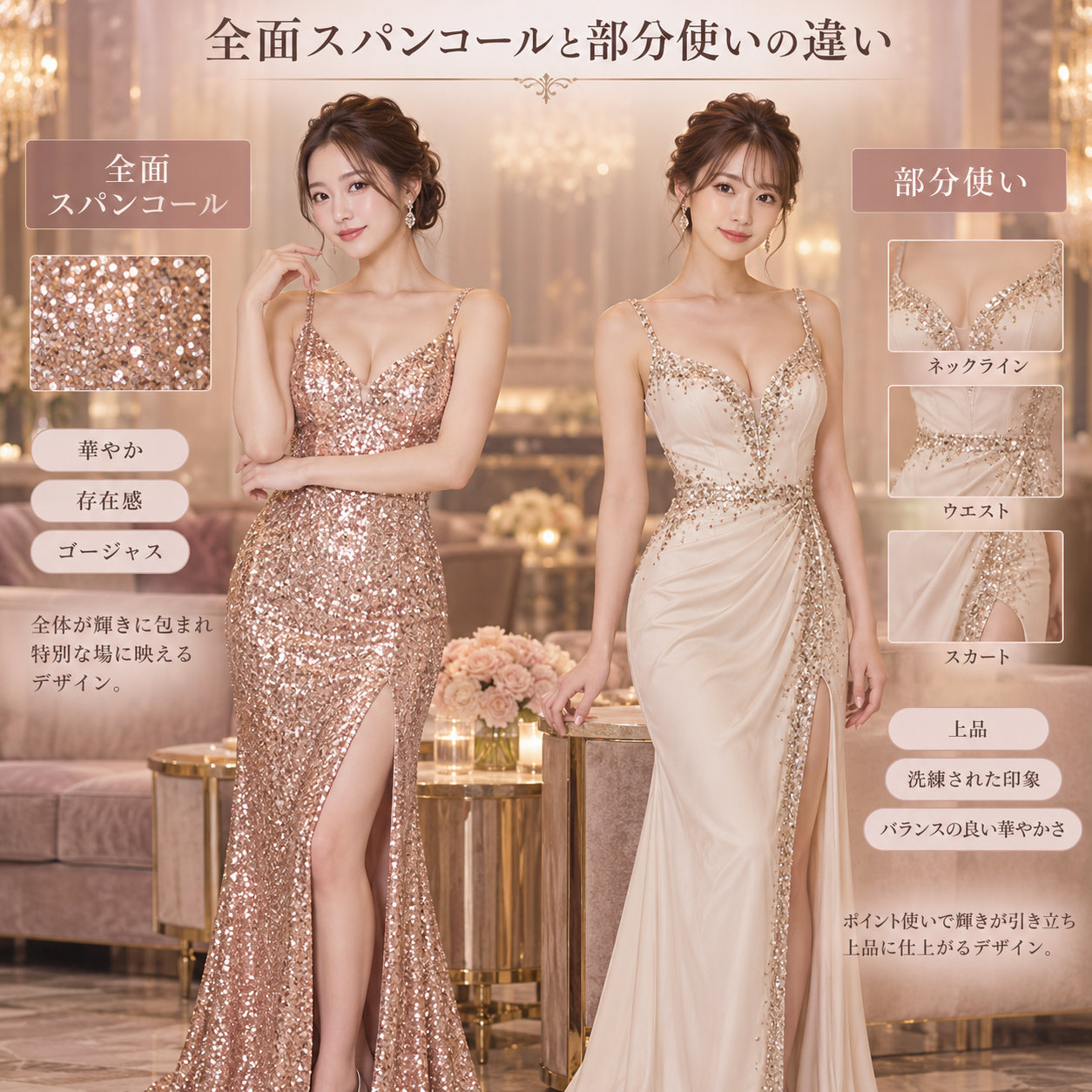 スパンコールドレスの基本構造と小さな光沢パーツが光を反射する特徴を解説した図解