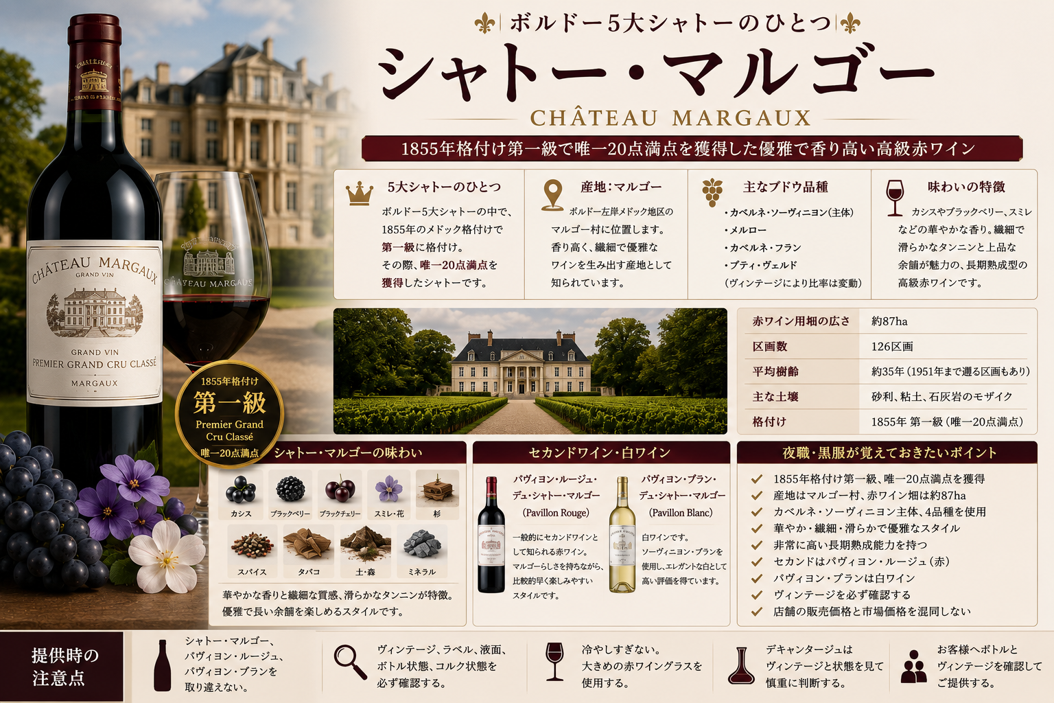 シャトー・マルゴーのボトルと赤ワイングラス、マルゴーのシャトーと畑、味わい・ブドウ品種・パヴィヨンルージュ・パヴィヨンブランをまとめた図解