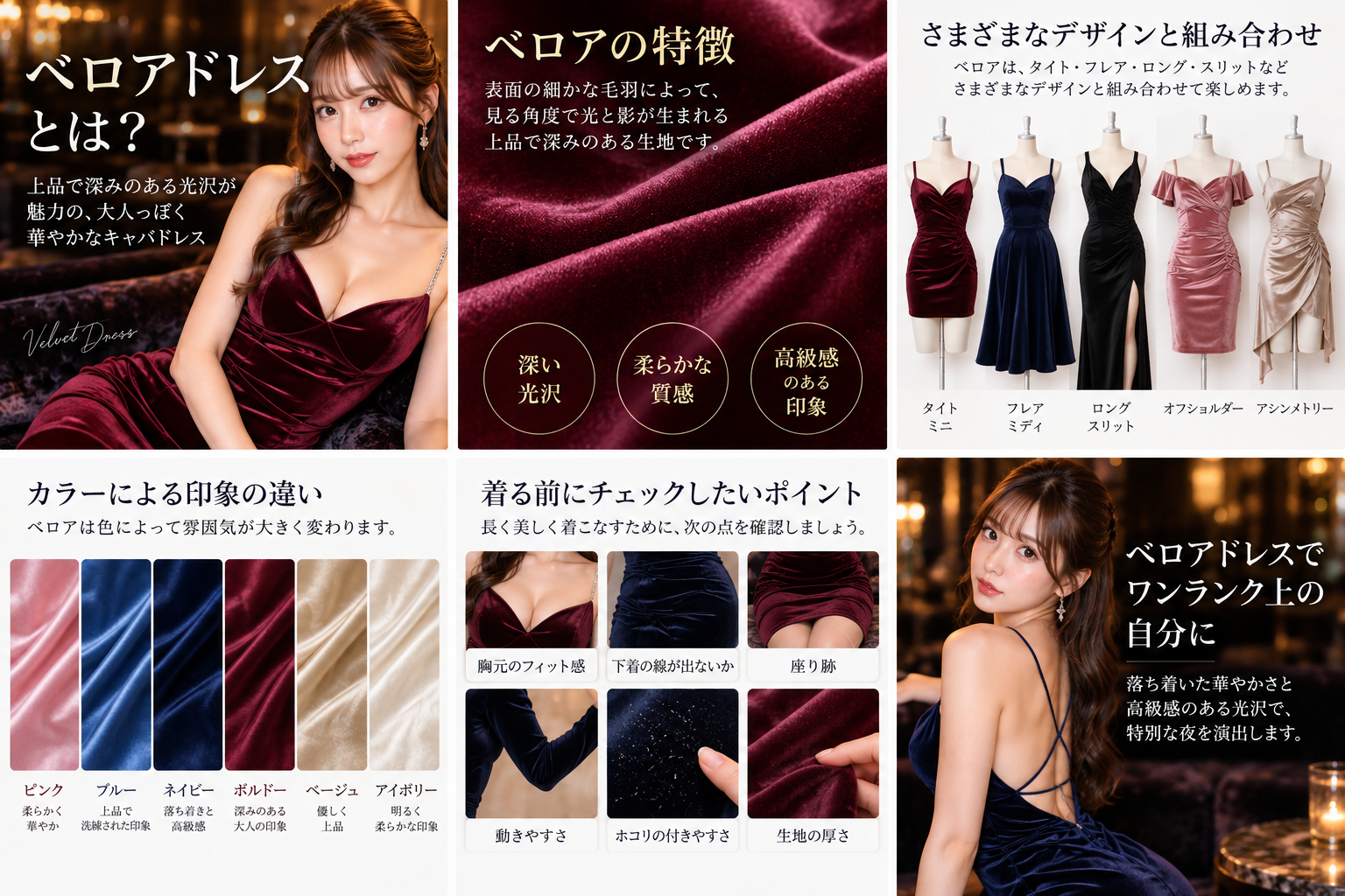 ベロアドレスの厚み・暑さ・毛並みの乱れ・座り跡・ホコリの付着など営業前に確認したいポイントを解説した図解