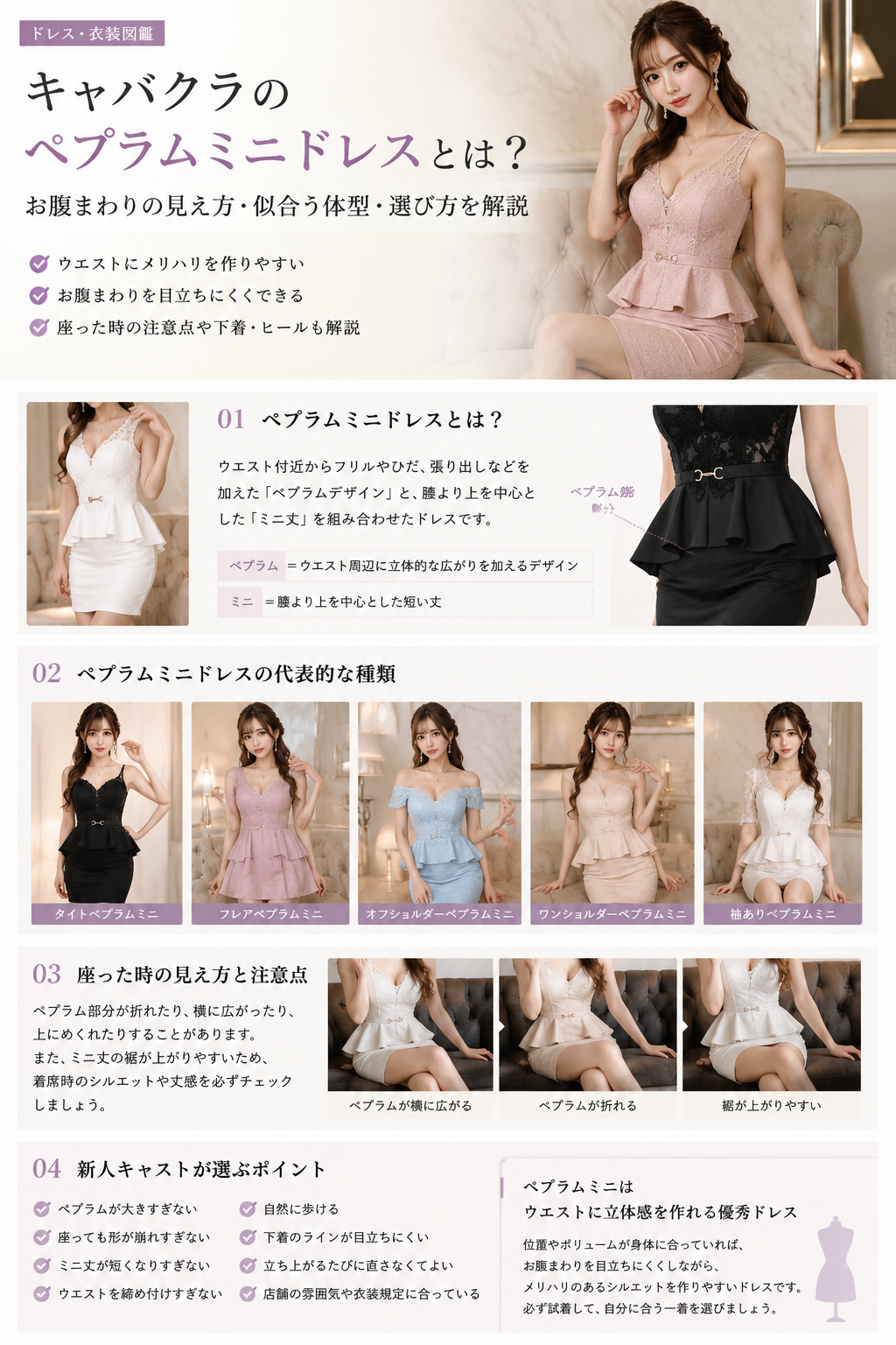 キャバクラのペプラムミニドレスの特徴・代表的な種類・着席時の注意点・新人キャストの選び方をまとめた画像