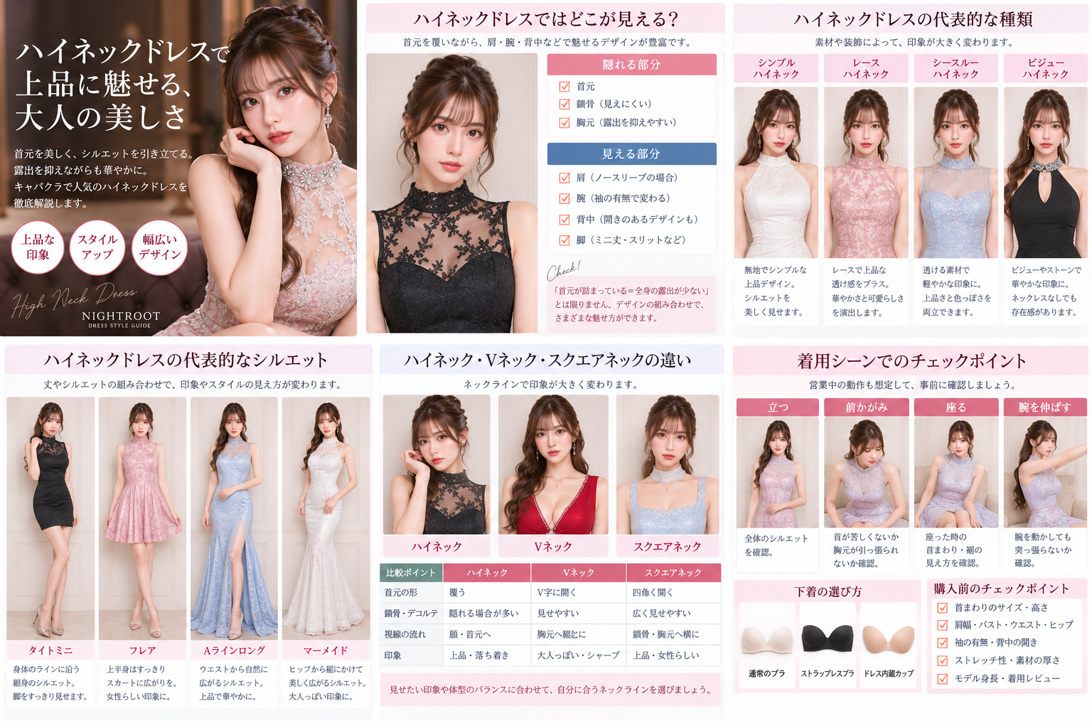 キャバクラのハイネックドレスの特徴・種類・シルエット・ネックライン比較・着用時のチェックポイントをまとめた画像