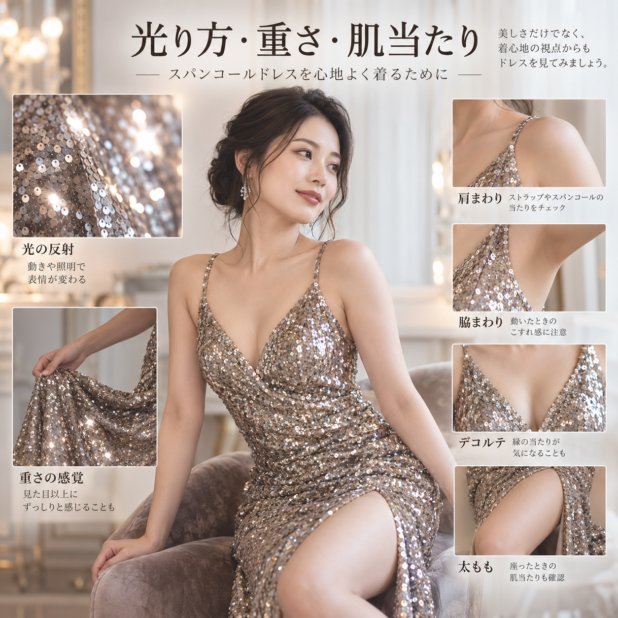 スパンコールドレスで座る・前かがみ・歩く・階段・車の乗り降りを行う時の動きやすさと引っ掛かりを確認する図解