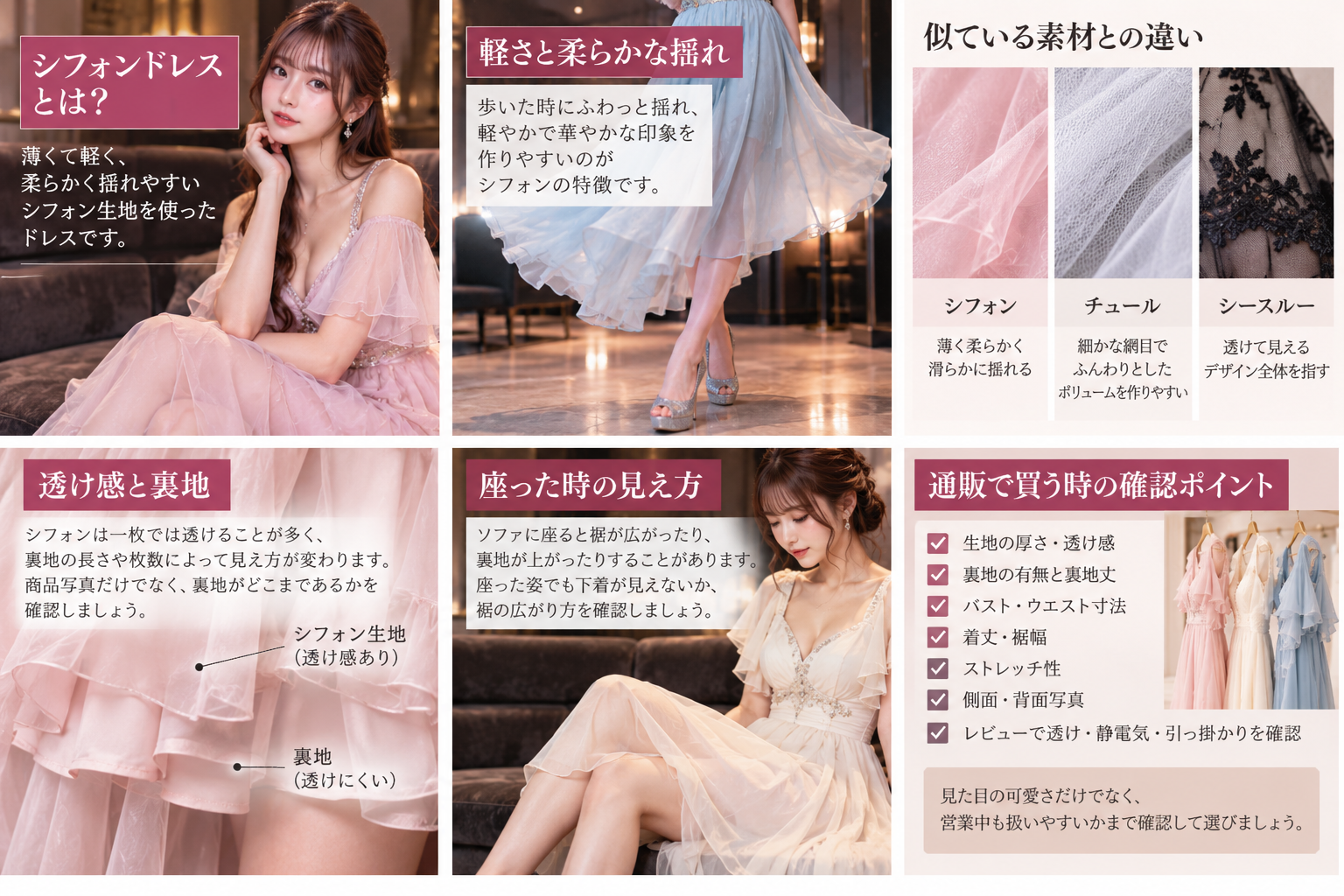 シフォンドレスで座る・前かがみ・歩く・階段・車の乗り降りを行う時の動きやすさと裾の注意点を解説した図解