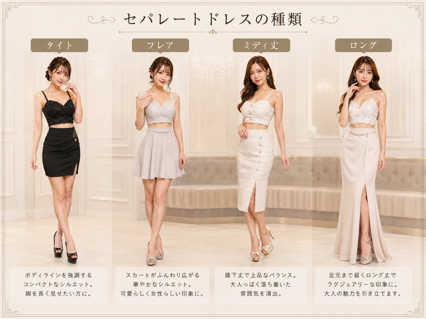 低身長・高身長・ウエスト強調・露出を抑えたい場合のセパレートドレスの選び方を比較した画像
